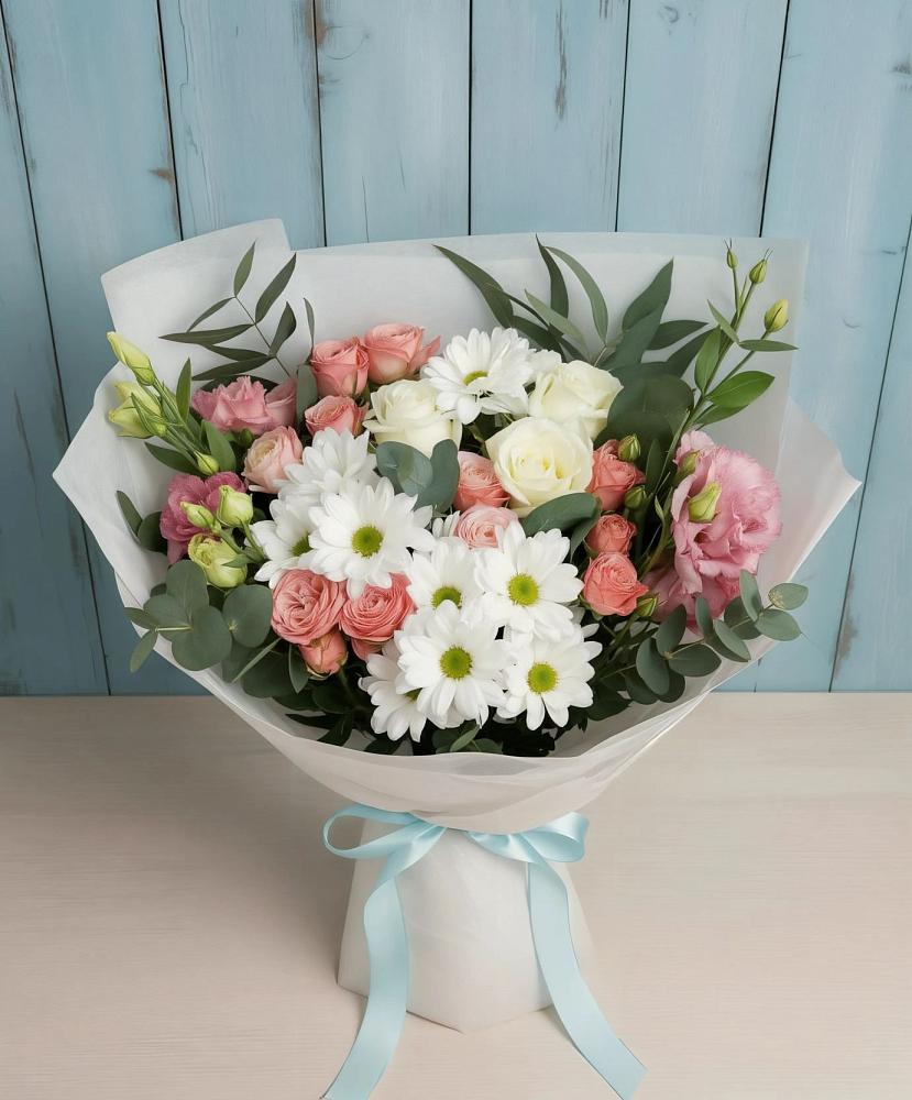 Букет цветов из: Розы, Лизиантусы и Хризантемы в Языково