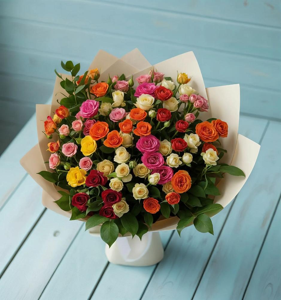 Букет Микс из разноцветных кустовых роз в Языково