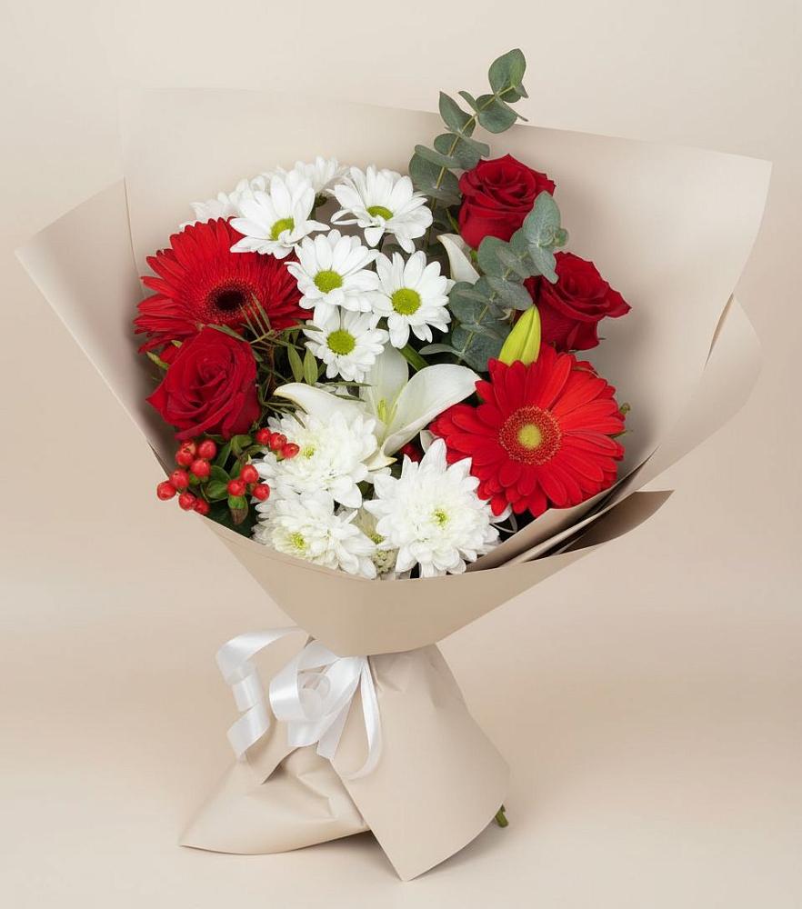 Букет цветов из: Розы, Хризантемы, Герберы и Лилии в Языково
