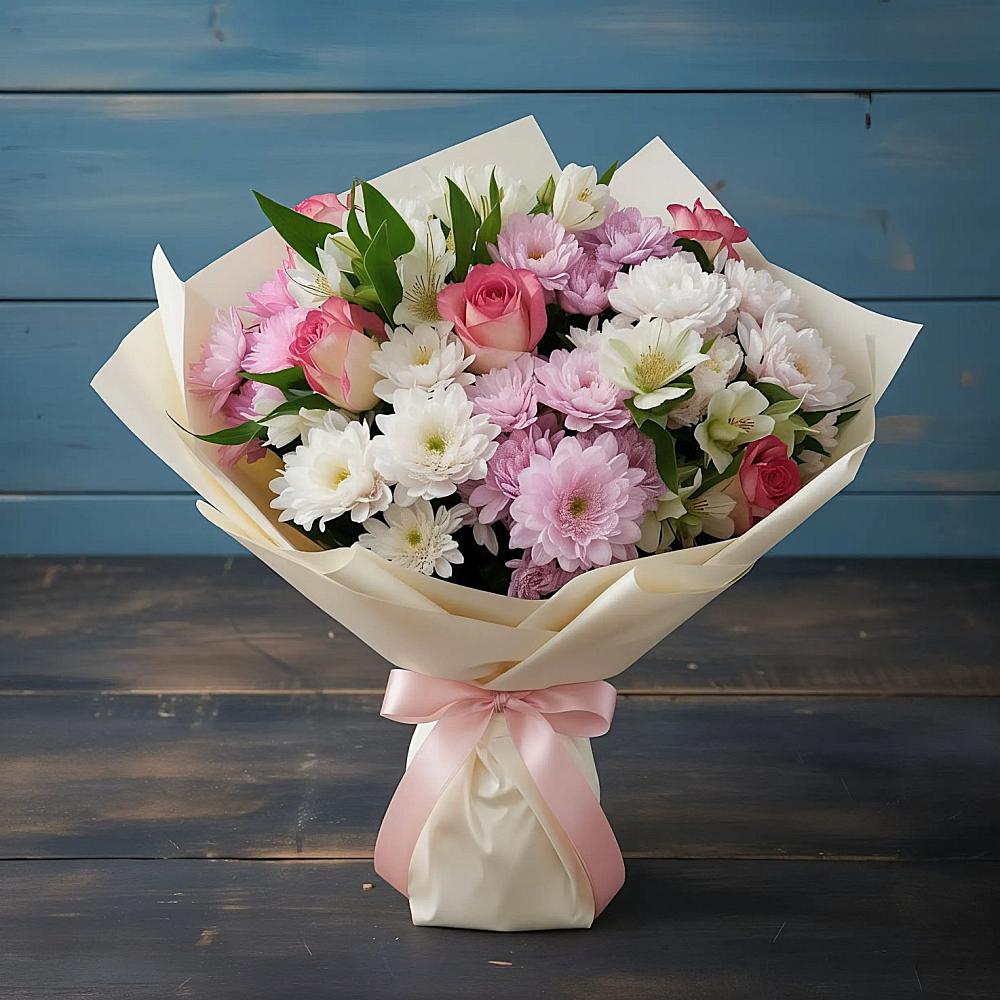 Букет цветов из: Хризантемы, Альстромерии и Розы в Языково